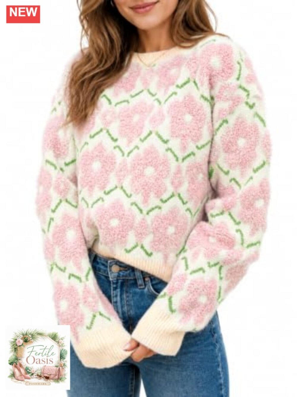 Women's Oversized Floral Knit Pullover Sweater 3D Chunky Long Sleeve Crewneck